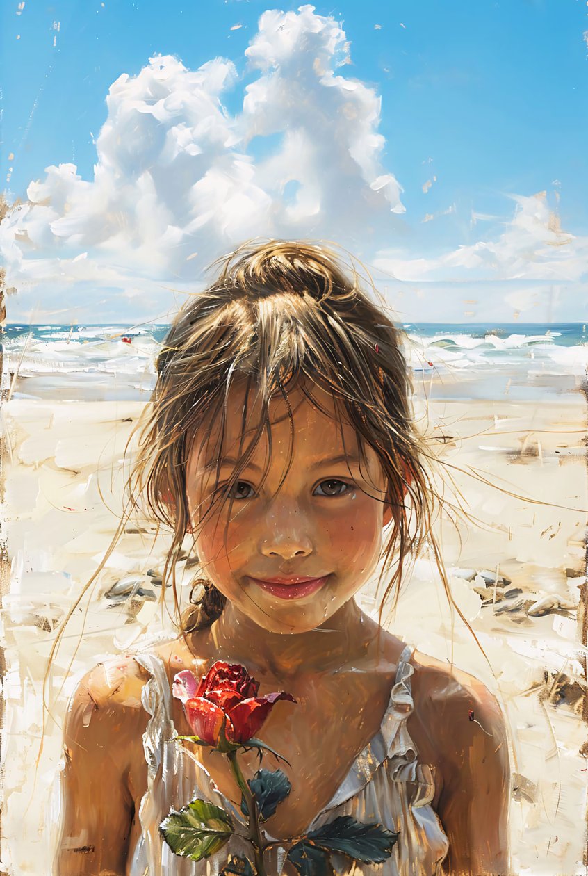 Mooi meisje met rozen aan zee, canvas print  wanddecoratie door F. Abderrahim