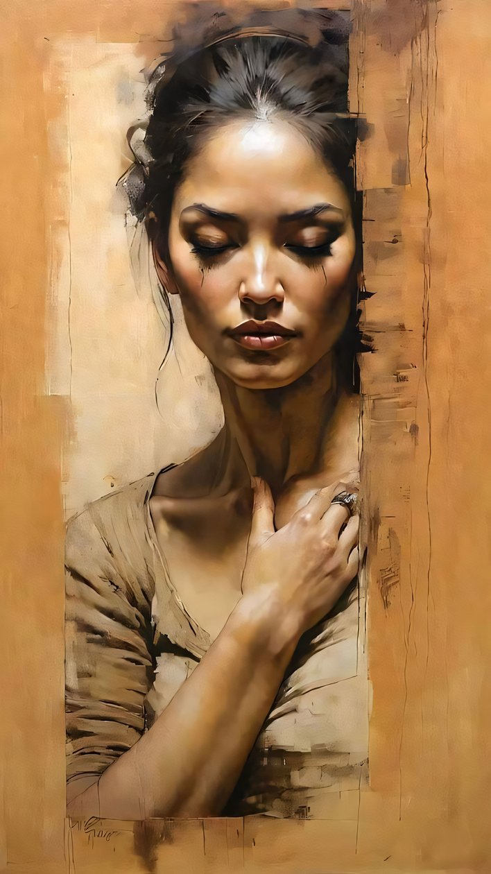 Mooie vrouw achter de deur op lichtbruine achtergrond, canvas prints door F. Abderrahim