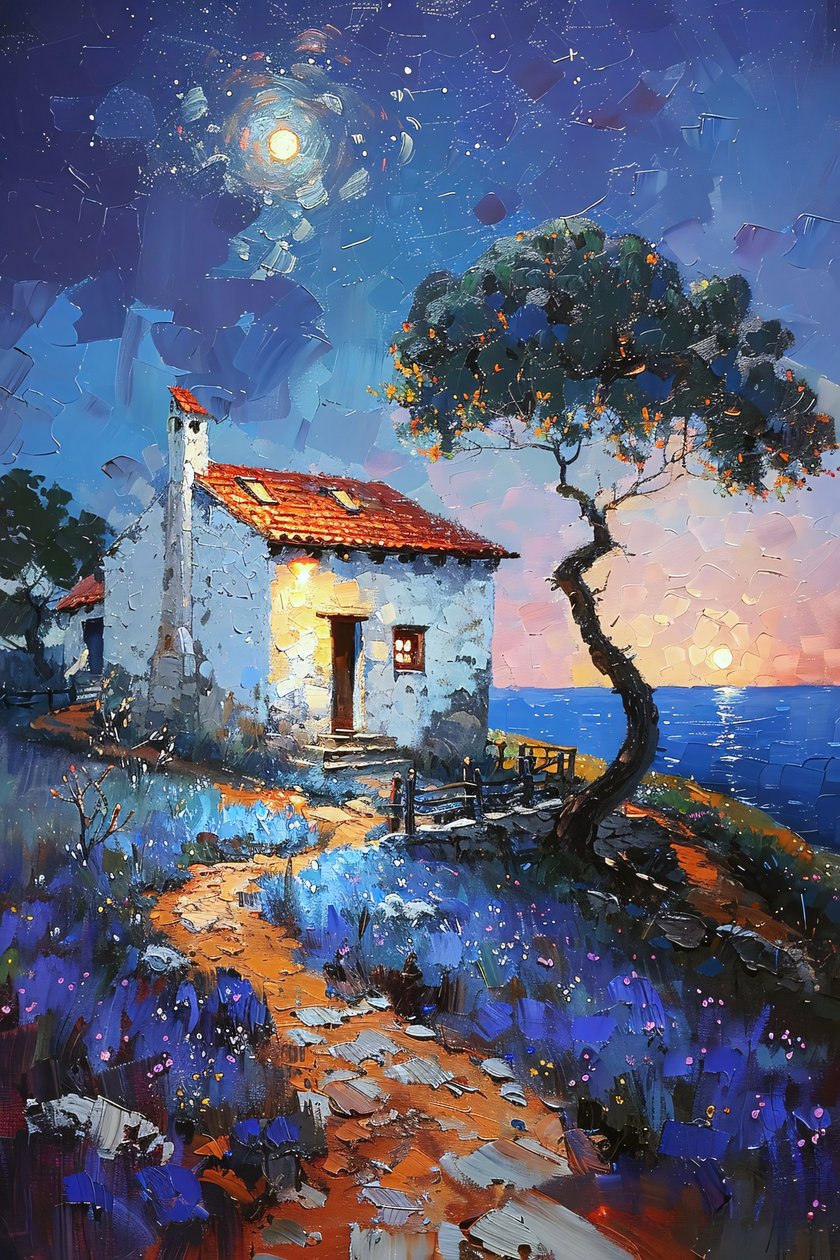 Cottage met uitzicht op zee onder het maanlicht, landschappen van Portugal door F. Abderrahim
