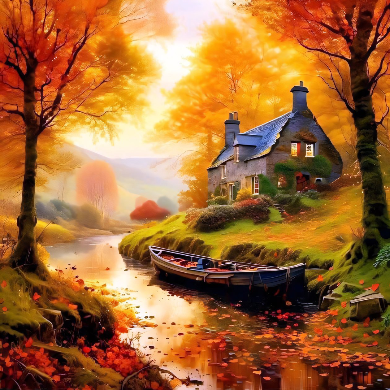 Schilderij van een hut in het bos met een beekje, herfstlandschap door F. Abderrahim
