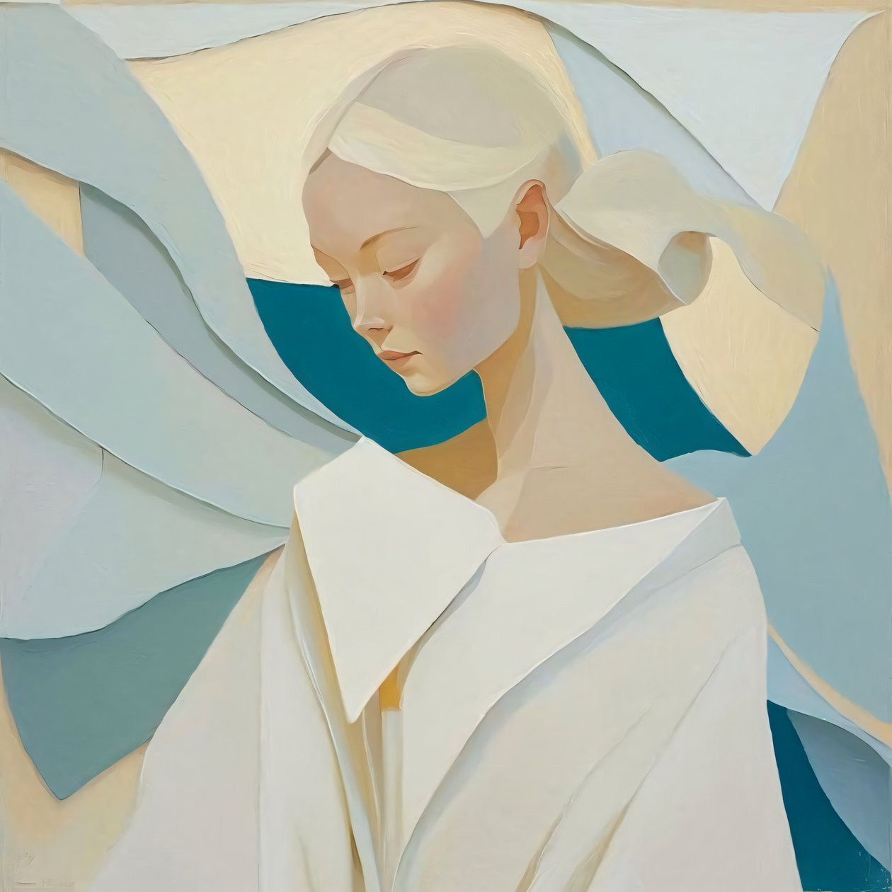 Abstract Aziatisch meisje met wit blond haar, Muurdecoratie te koop door F. Abderrahim