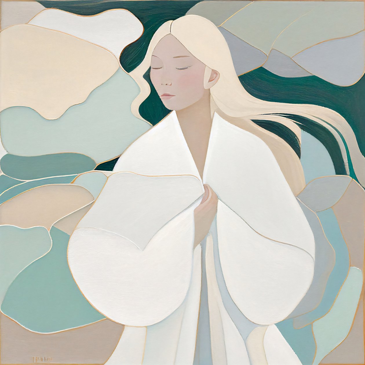 Abstracte afbeelding van een blonde vrouw in wit, canvas art prints door F. Abderrahim