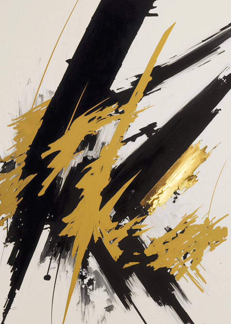 Abstract goud en zwart schilderij, eigentijdse penseelstreken, online canvas prints op maat door F. Abderrahim