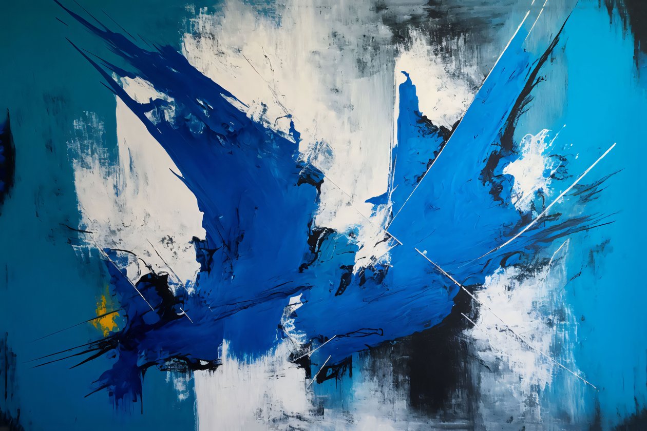 Abstract olieverfschilderij zilver  blauwe kleuren, canvas print op aanvraag door F. Abderrahim