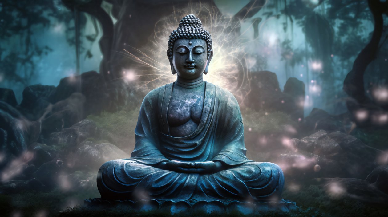 Boeddha Zittend in Vredige Meditatie, een Spiritueel Boeddhistisch Canvas, ingelijste muurprints door F. Abderrahim