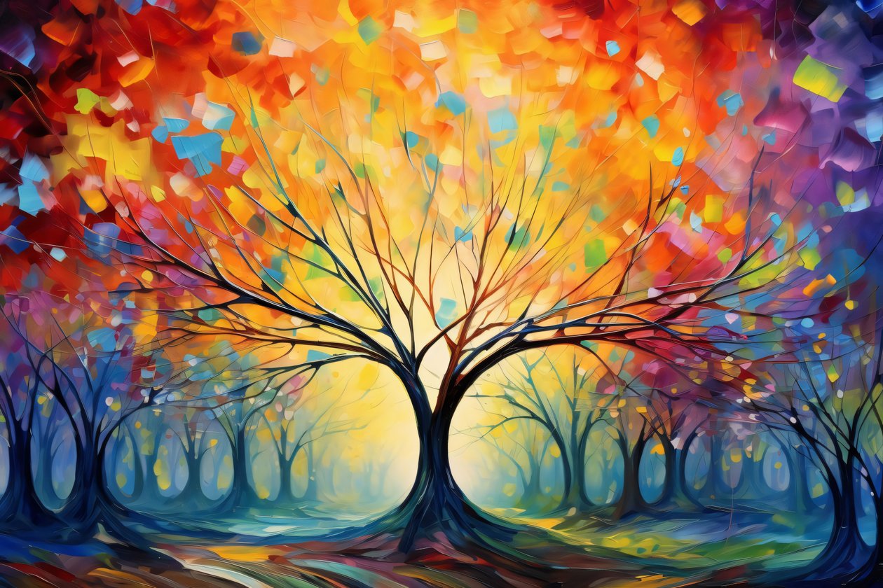 Kleurrijke boom acrylschilderij. Penseelstreken, Natuur  Landschap Posters  Muurkunst Prints door F. Abderrahim