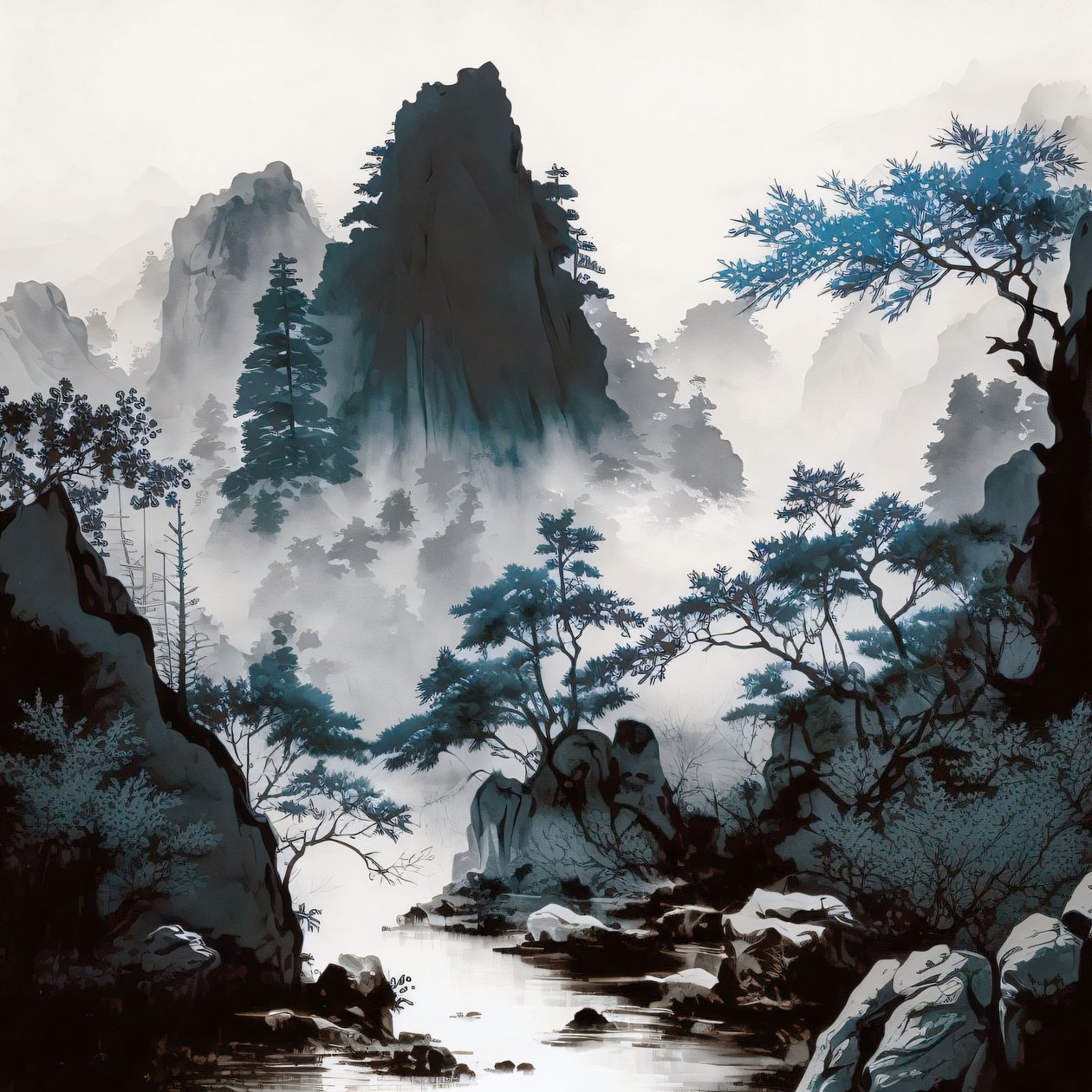 Cyanotype Mountain River Mist in Shan Shui stijl, ingelijste wanddecoratie prints door F. Abderrahim