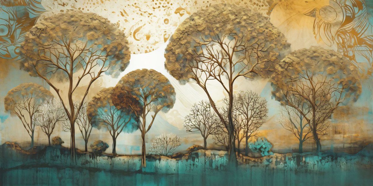Surrealistisch abstract in zachte tinten, Boomlandschap, wall art prints on demand door F. Abderrahim