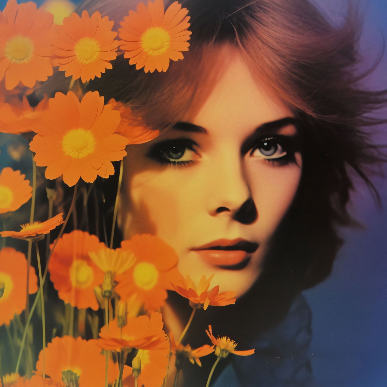 vintage vrouwenportret  bloemen, A Retro Floral Vision, online kunst afdrukken door F. Abderrahim