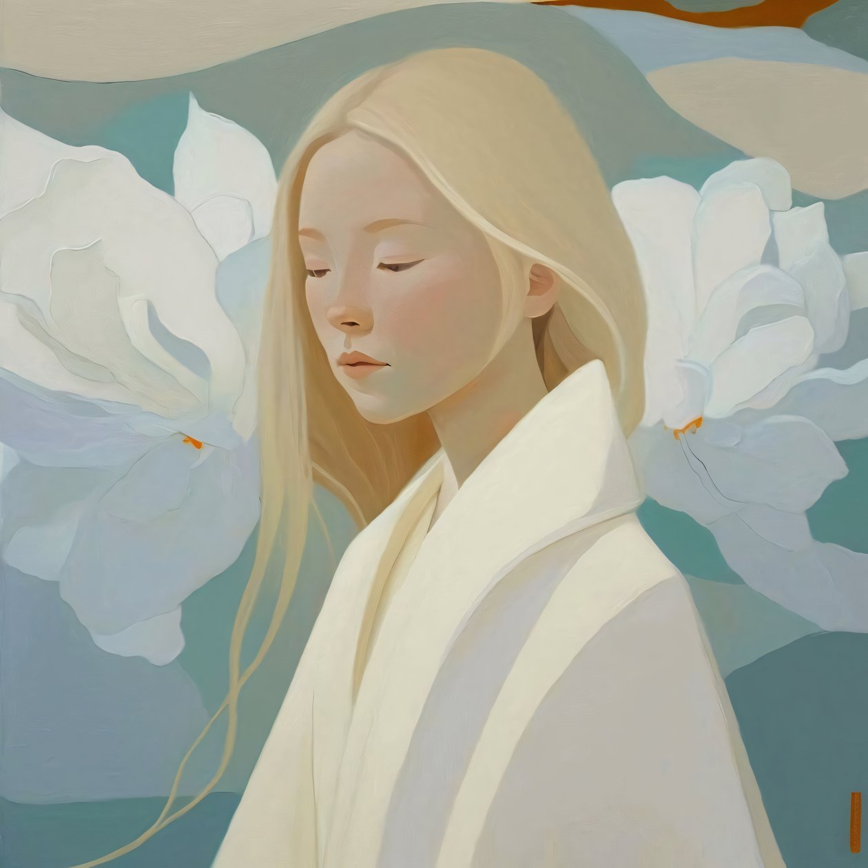 Mooie vrouw met blond haar in wit, ingelijste wanddecoratieprints door F. Abderrahim