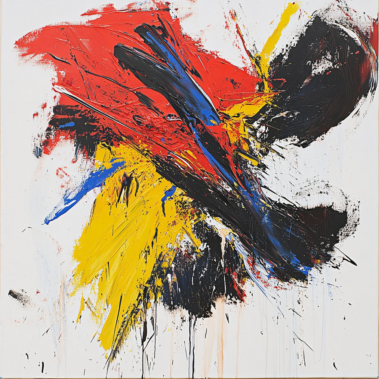 Abstracte Kleurrijke Penseelstreken, Rood Blauw Geel en Zwart Schilderij; canvas afdrukken door F. Abderrahim