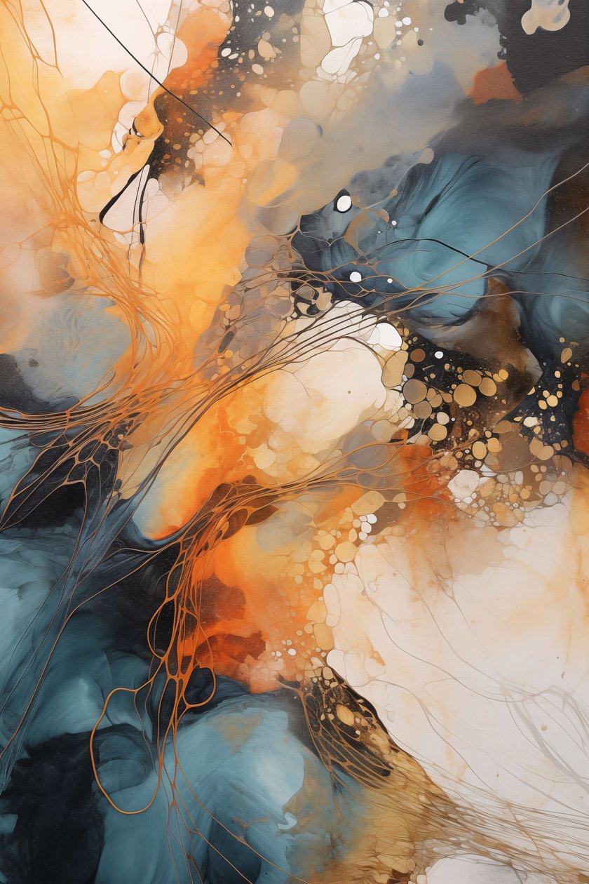 Abstract schilderij, blauwe  oranje golf, witte achtergrond, Custom Canvas Prints door F. Abderrahim