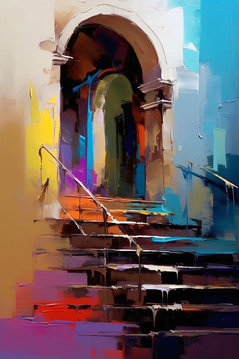 Abstracte architecturale compositie, schilderij in impressionisme, muur woondecoratie door F. Abderrahim