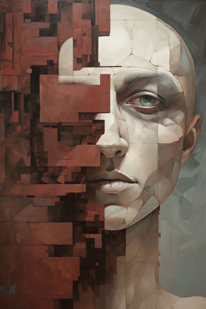 Schilderij van een man met een gebroken gezicht en een gebroken muur, print on demand door F. Abderrahim