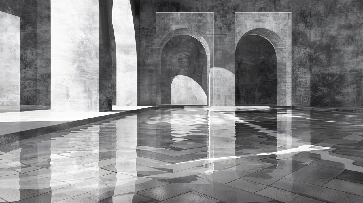 Bogen en poorten in een marmeren paleis, architectuur, zwart-wit, wanddecoratie prints door F. Abderrahim