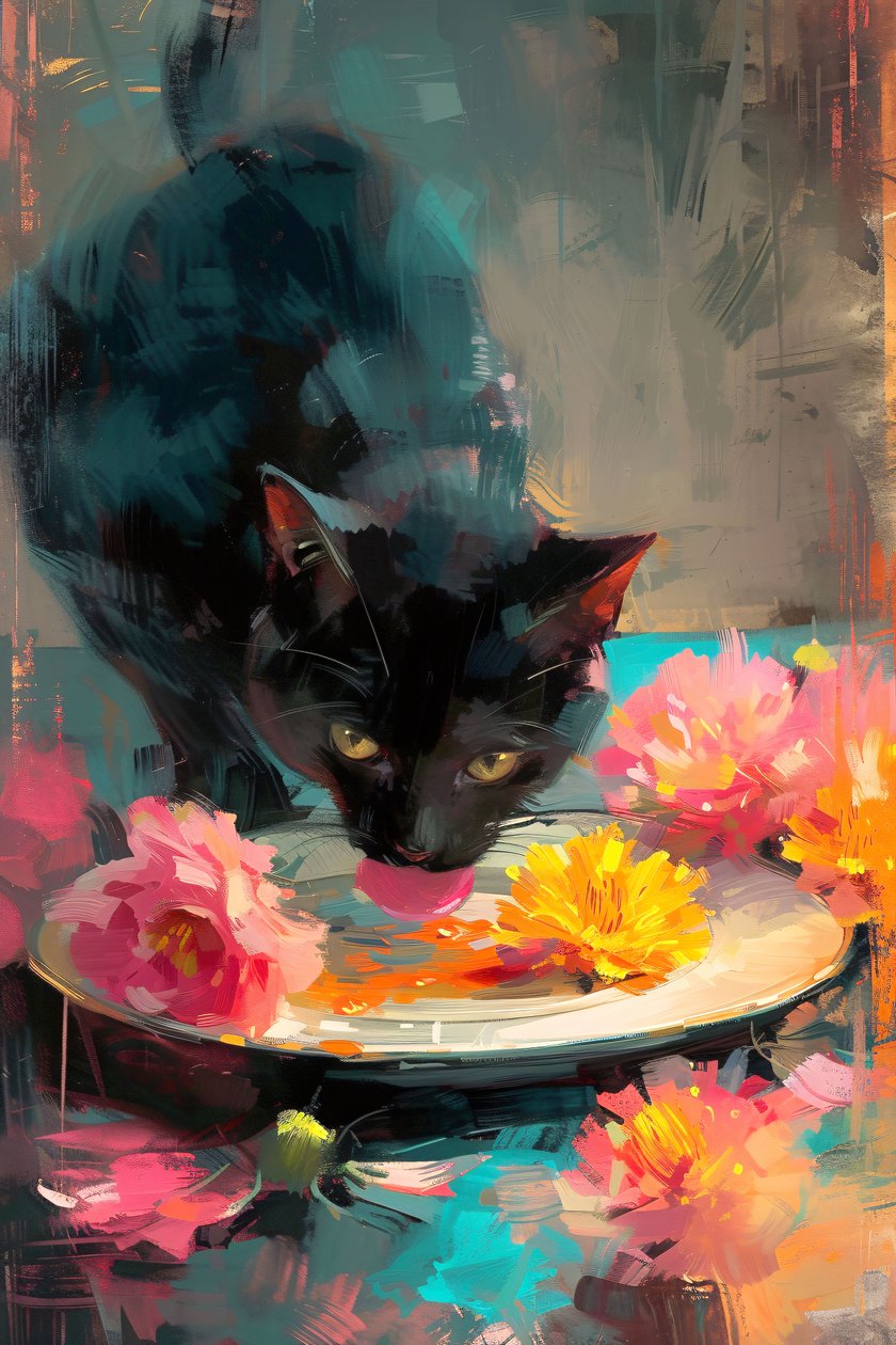 Zwarte kat eet op een bord bloemen, Impressionistisch schilderij, online kunstdrukken door F. Abderrahim