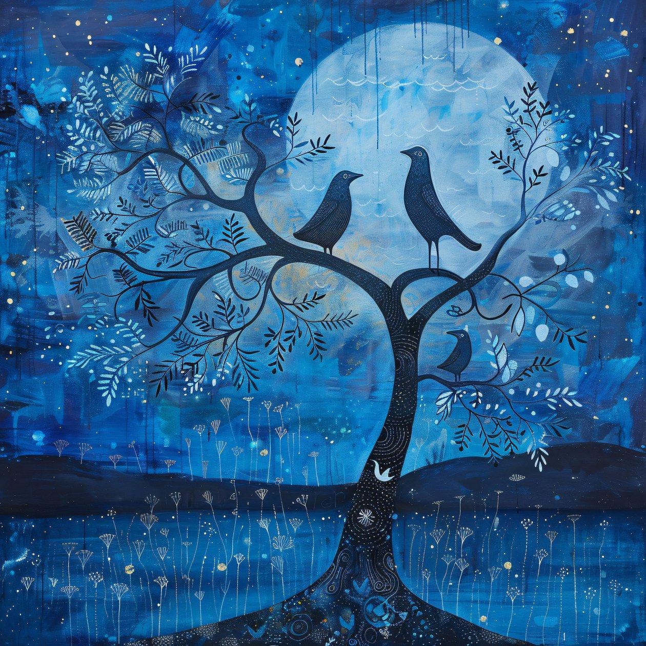 Blauwe maan  vogel, Magie van de sterrennacht, Modern wanddecor | print on demand door F. Abderrahim