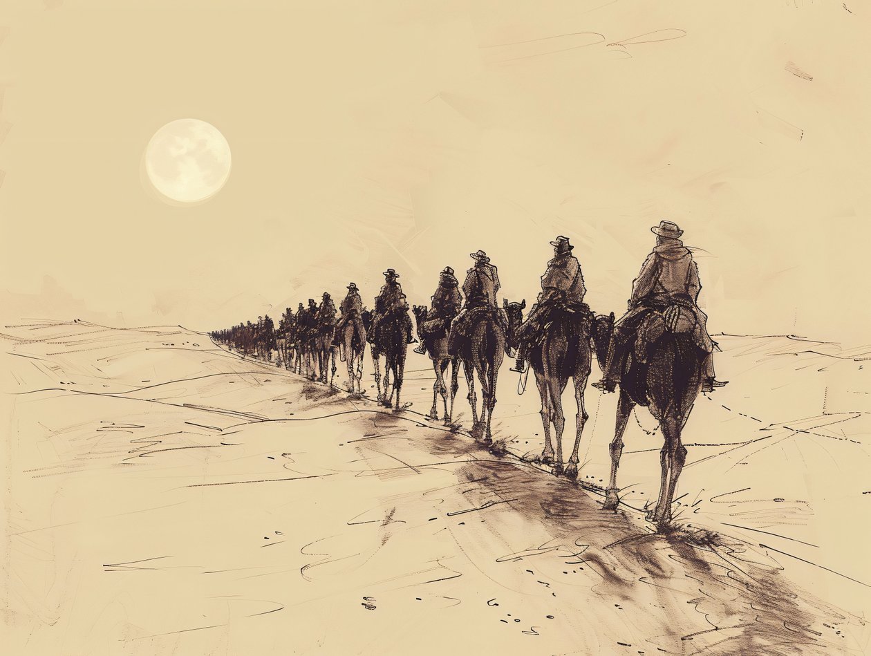 Woestijnzon Processie Minimalistische Schets, wanddecoratie te koop door F. Abderrahim