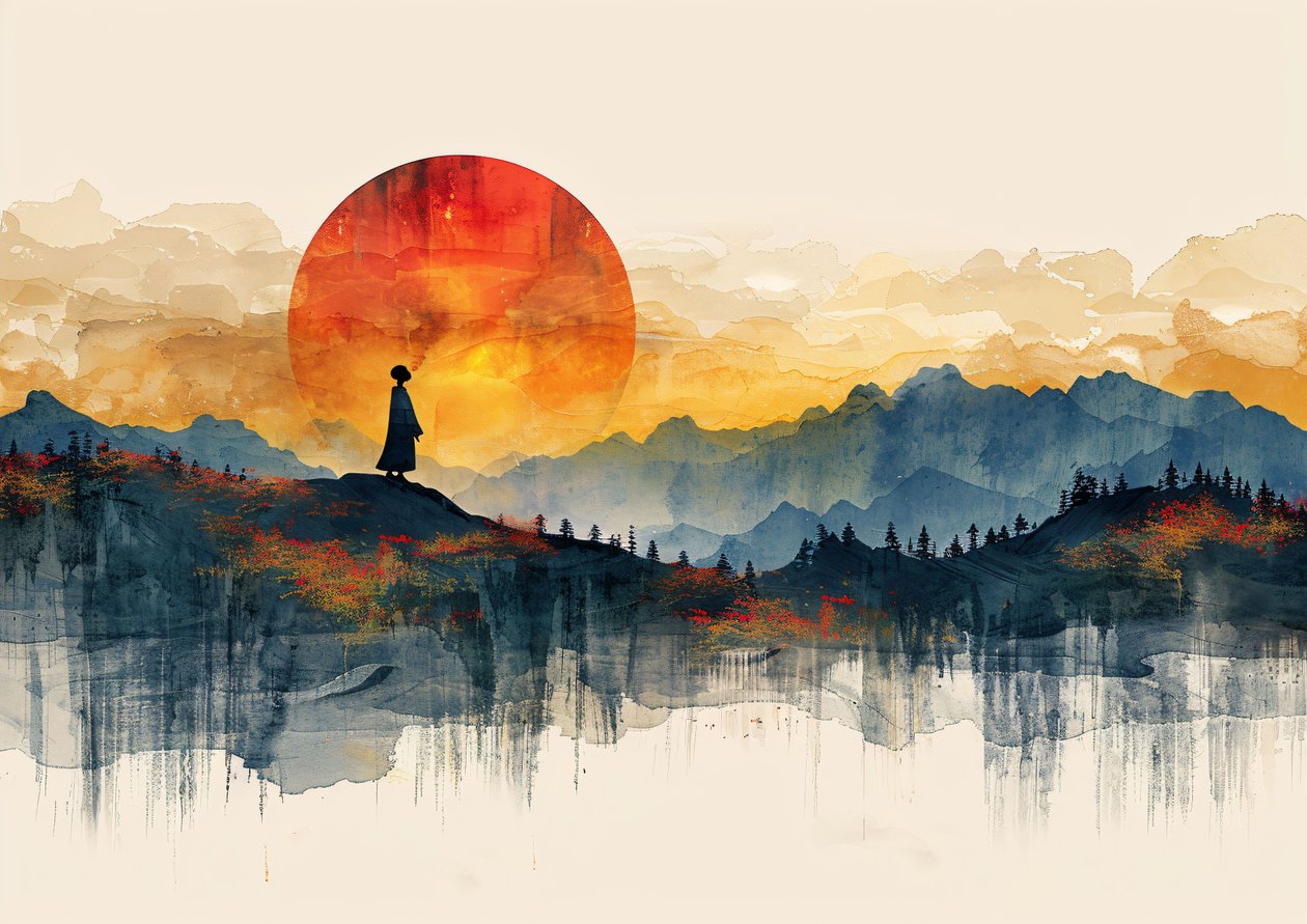 Geisha staand, minimalistisch landschap  zonsondergang, Modern wanddecor | print on demand door F. Abderrahim