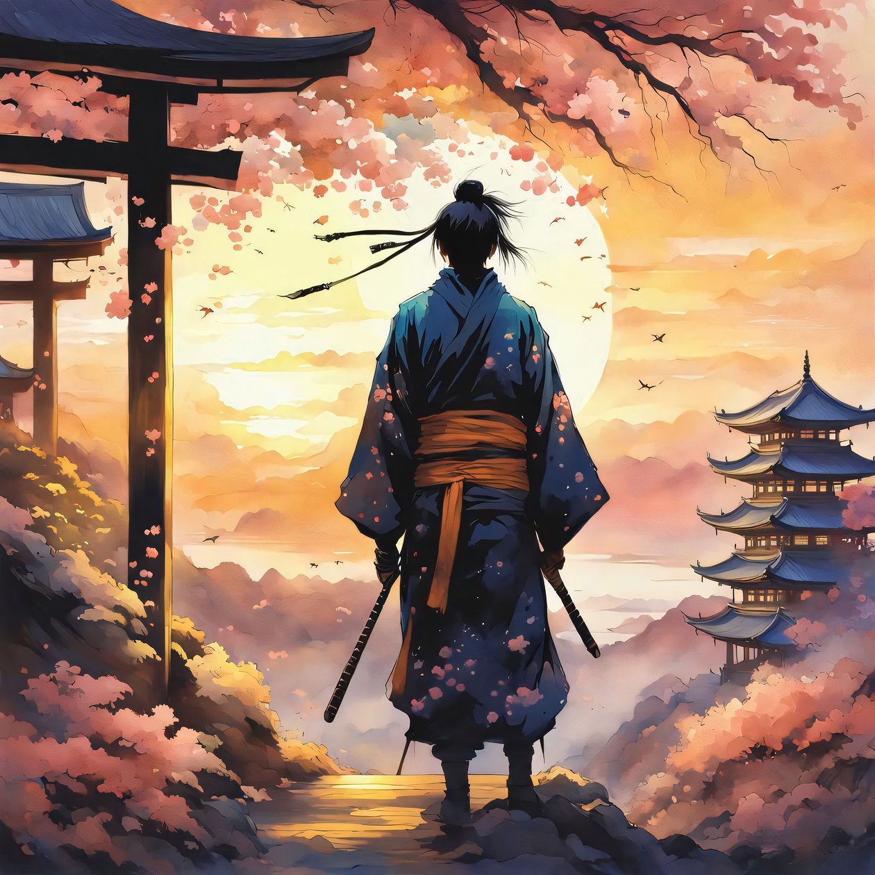 Japanse Samoerai, in een tempel op een berg, roze kleuren, aangepaste canvasprints door F. Abderrahim