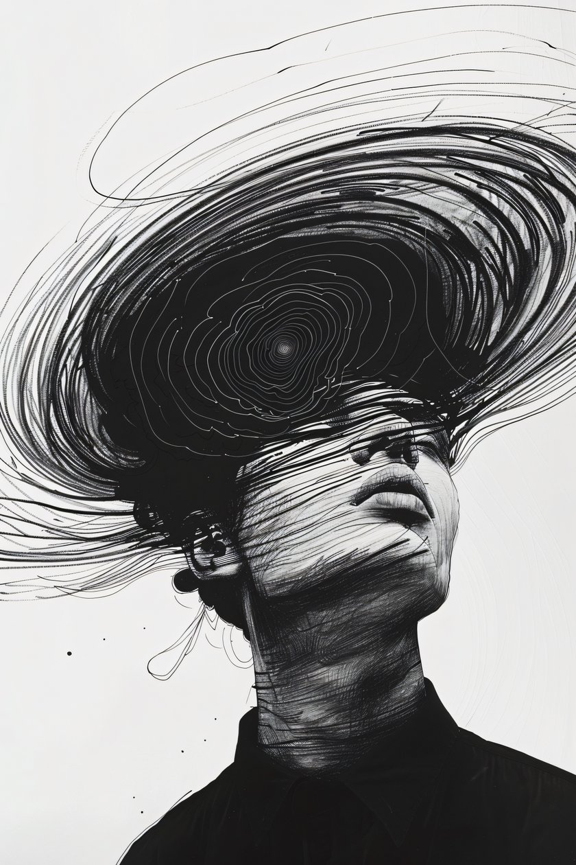 Minimalistische Tekening Schets, Man in depressie vortex, online canvas print on demand door F. Abderrahim