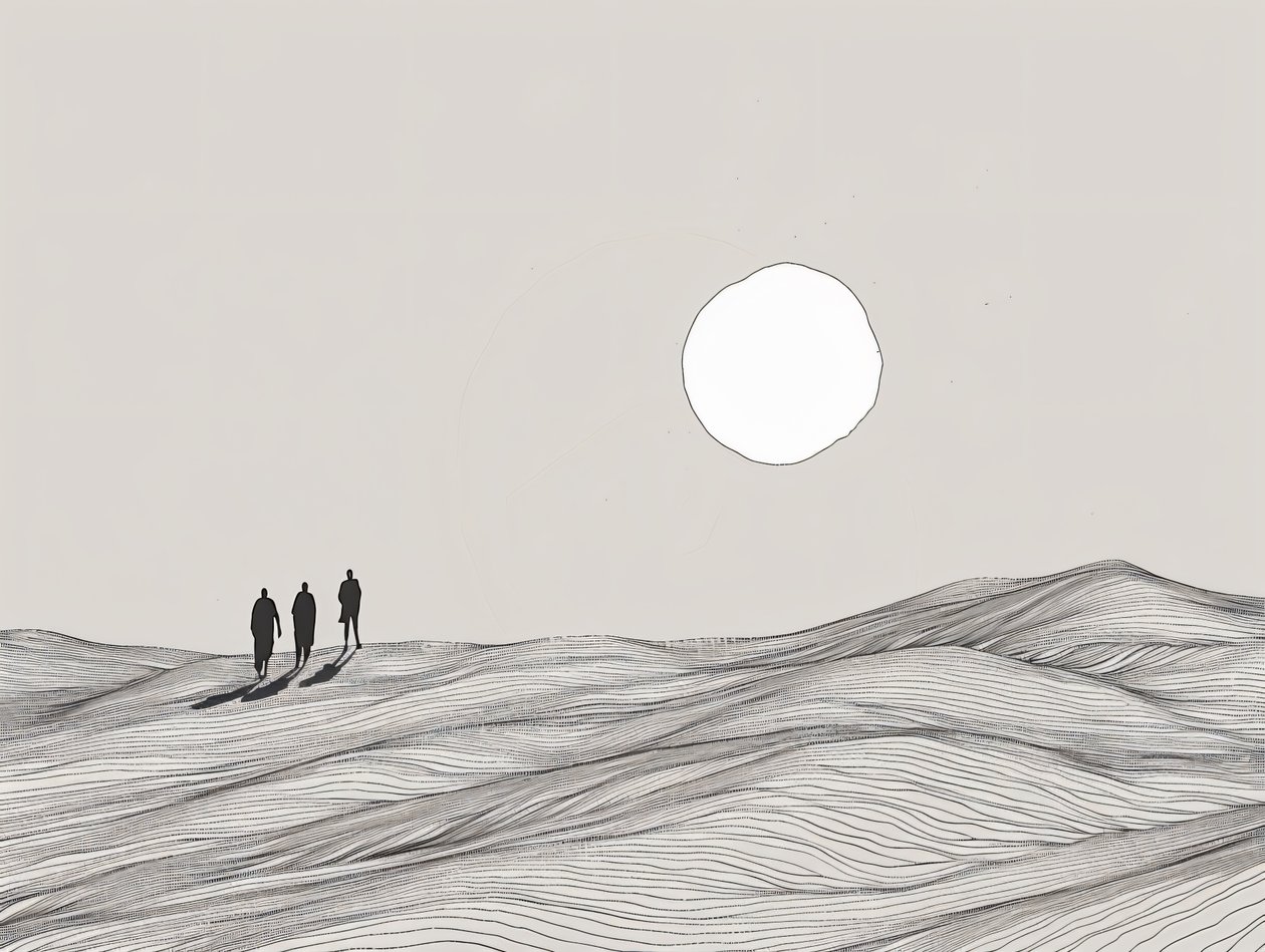Minimalistische schets, Mannen die in een woestijnzon processie lopen, online kunstdrukken door F. Abderrahim