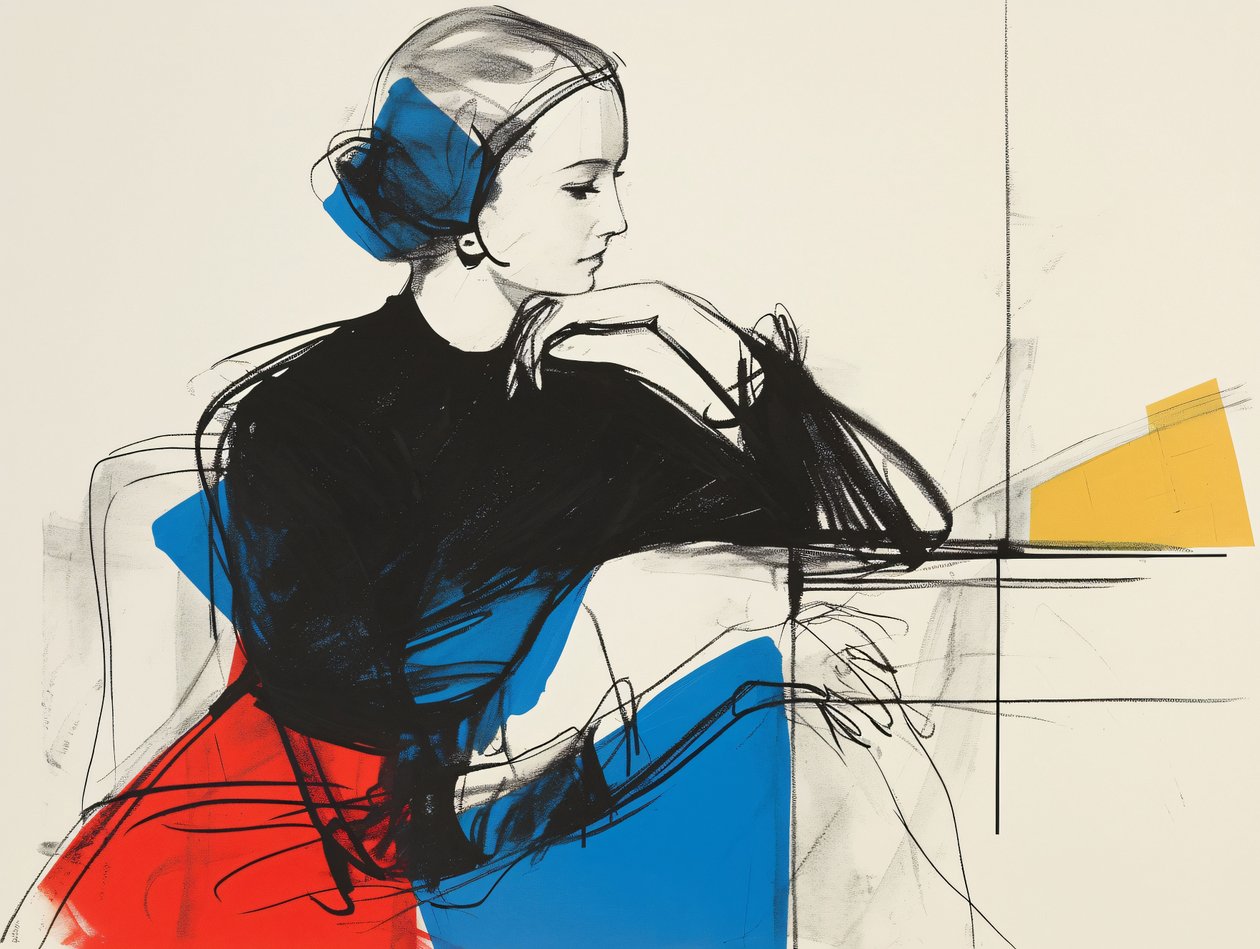 Zittende vrouw schets Tekening  Schilderij, canvas  muur frame print on demand door F. Abderrahim