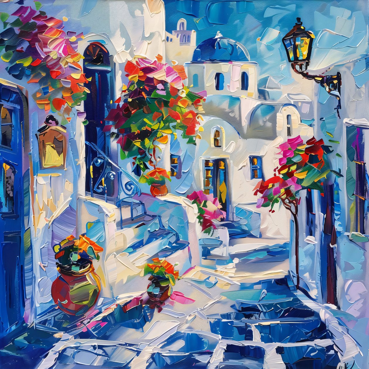 Thira met mooie straatlantaarns, Custom frame Wall Art door F. Abderrahim