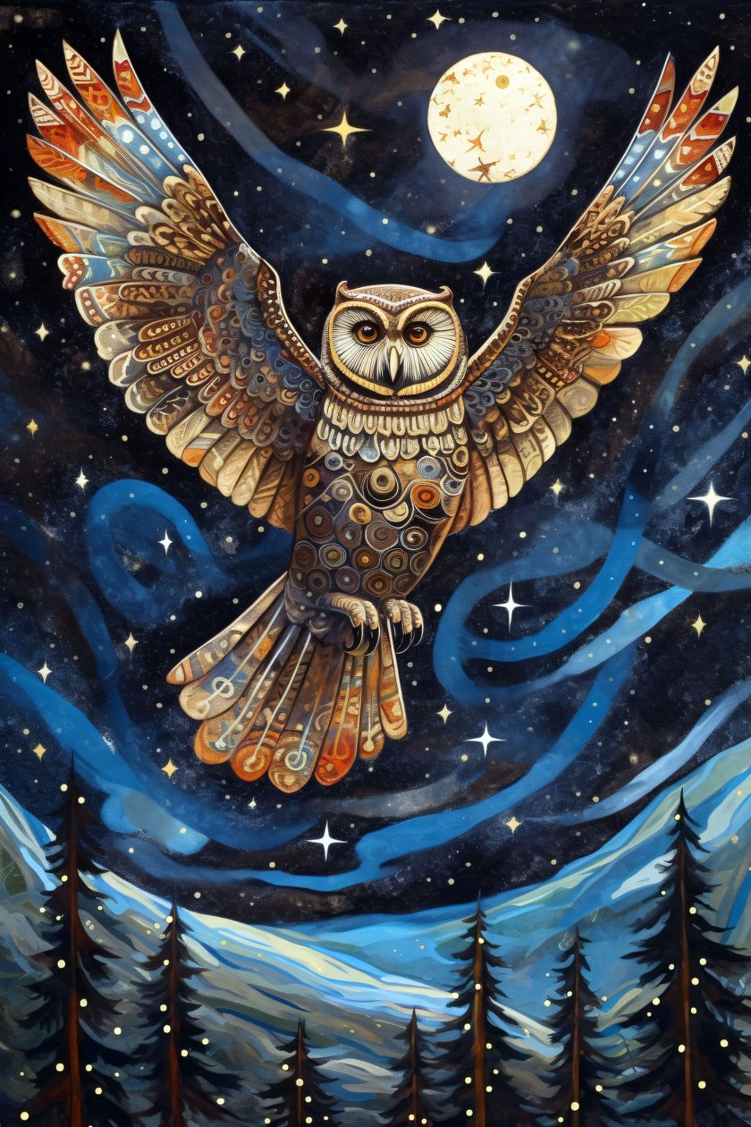 De uil die door de sterrenhemel zweeft, wanddecoratieprints door F. Abderrahim