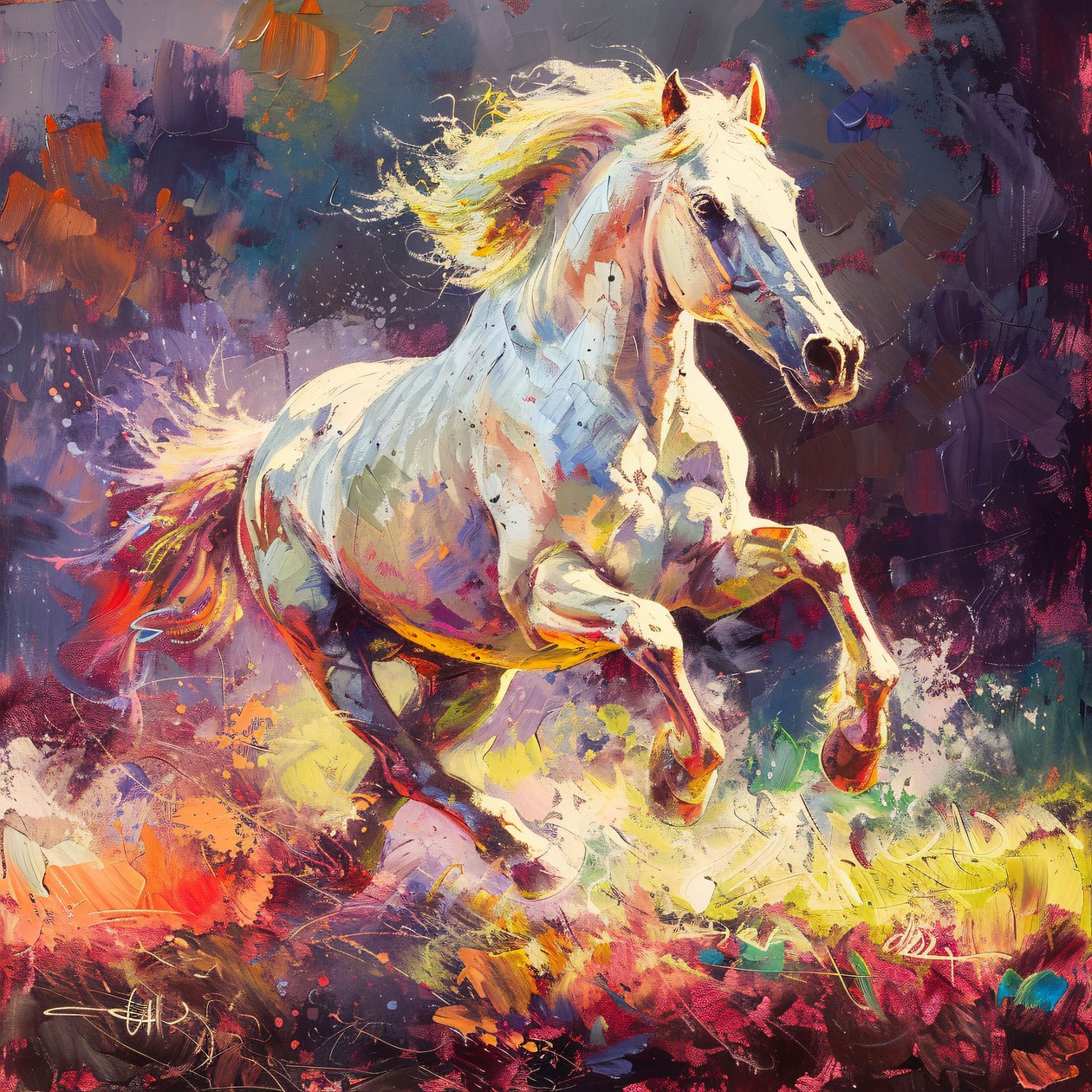 Levendige rendering van een witte hengst in galop, wall art prints on demand door F. Abderrahim