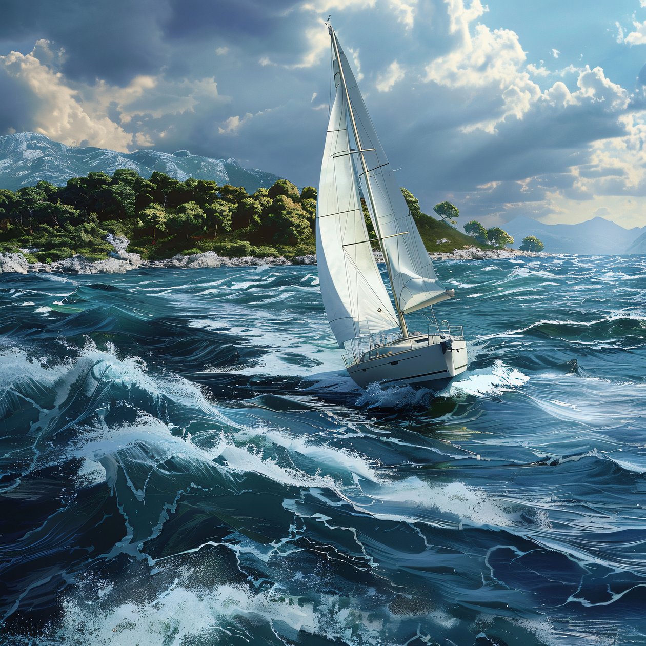 Wit zeilbootjacht aan de kust, Kroatische kust met natuurlijk licht door F. Abderrahim
