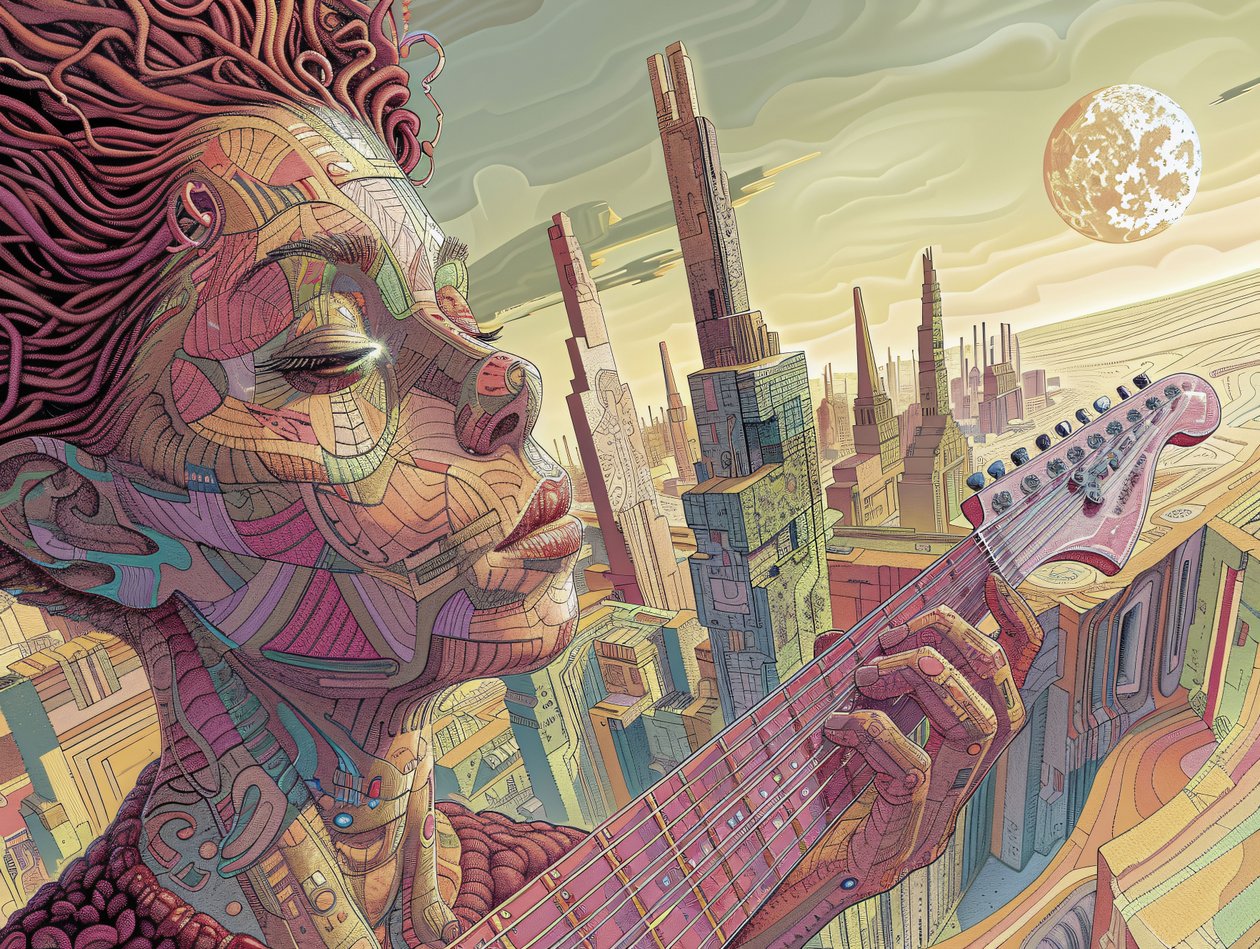 Jonge man speelt muziek in een surrealistische futuristische scène, frame wanddecor prints door F. Abderrahim