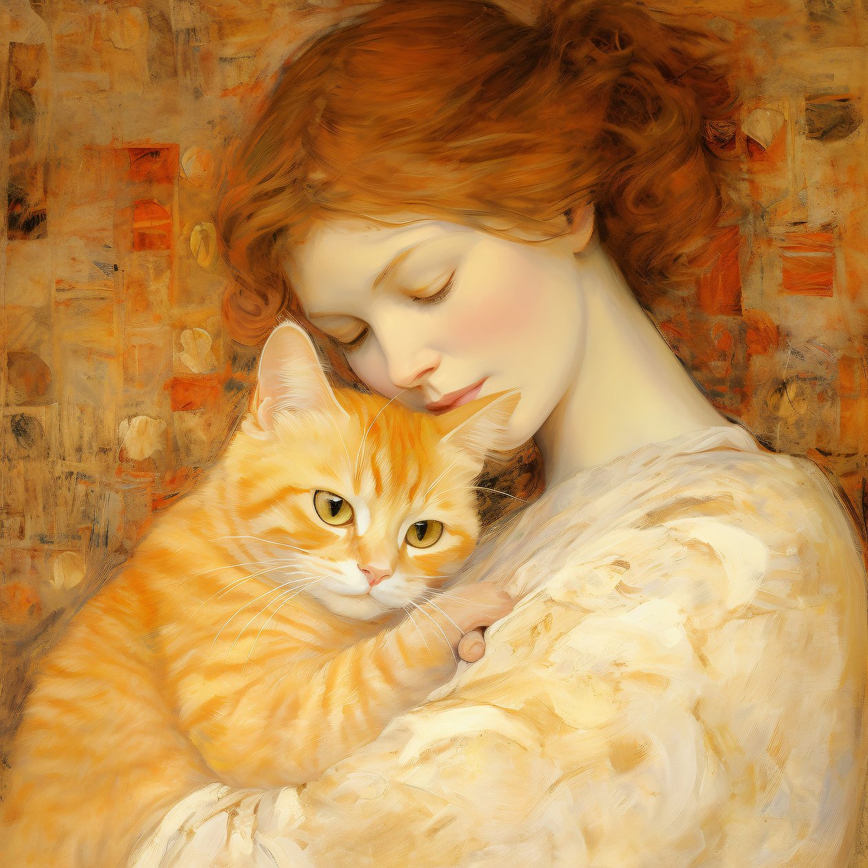 Jonge vrouw knuffelt haar kitten in Bloch Bauer-stijl, Custom Canvas Prints door F. Abderrahim