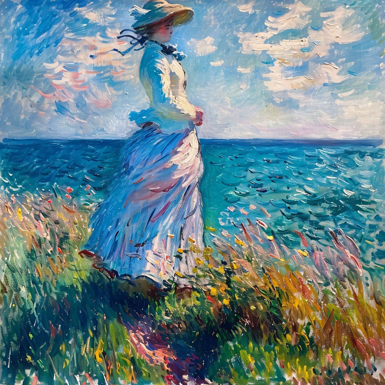 Jonge vrouw in jurk in de natuur, staand op het strand, Monet-stijl door F. Abderrahim
