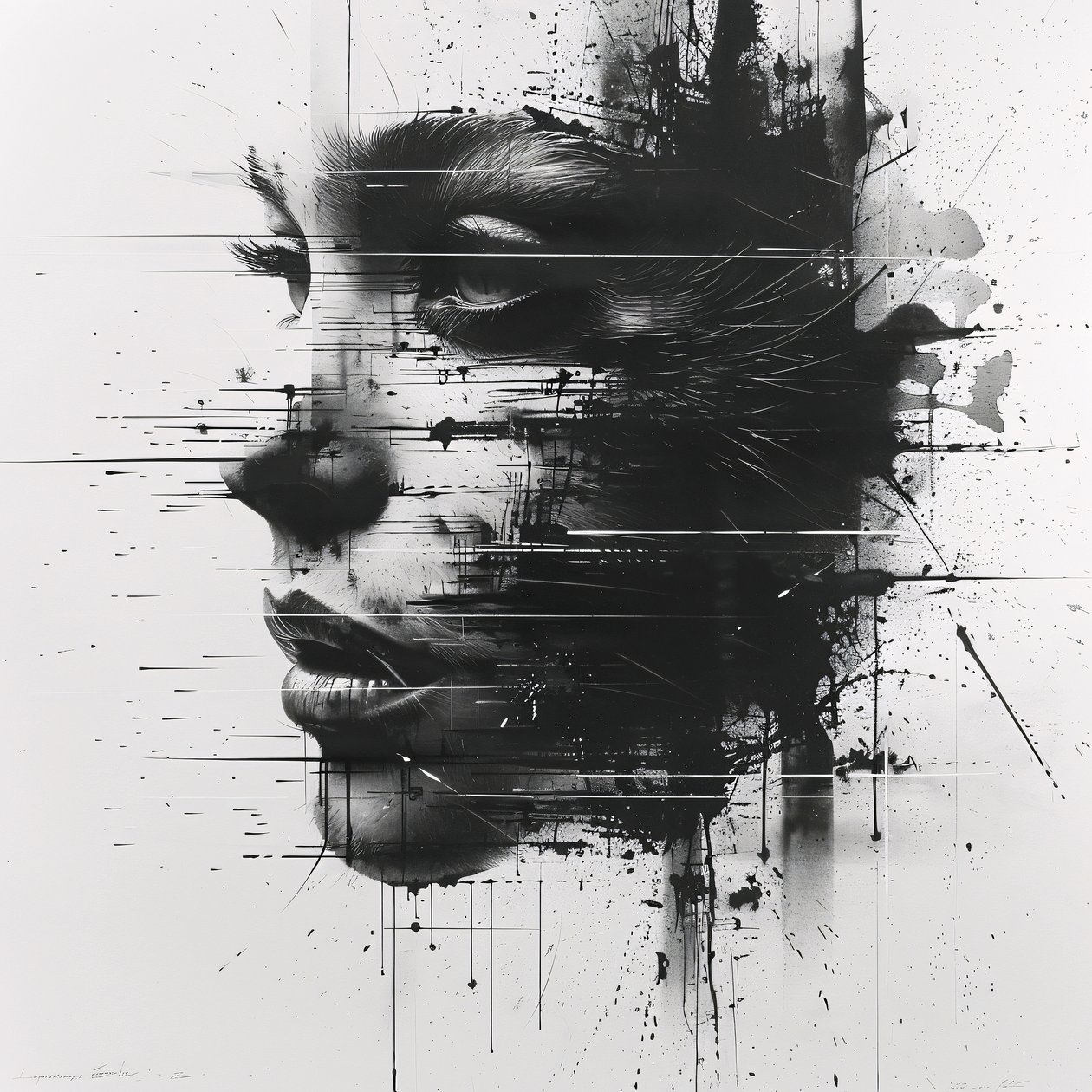 Uitgezoomd portret van een zwart-witte minimalistische schets van het vrouwengezicht door F. Abderrahim
