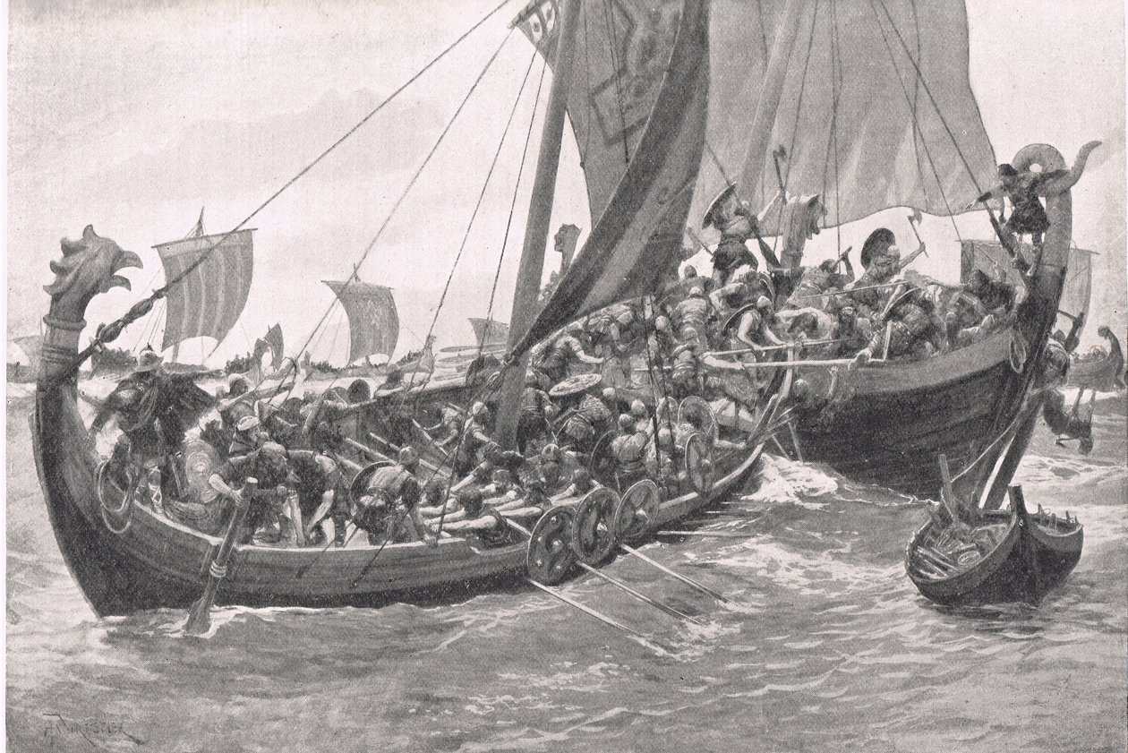 Eerste zeeslag van Groot-Brittannië, illustratie uit British Battles on Land and Sea, uitgegeven door Cassell, Londen door A. Forrestier
