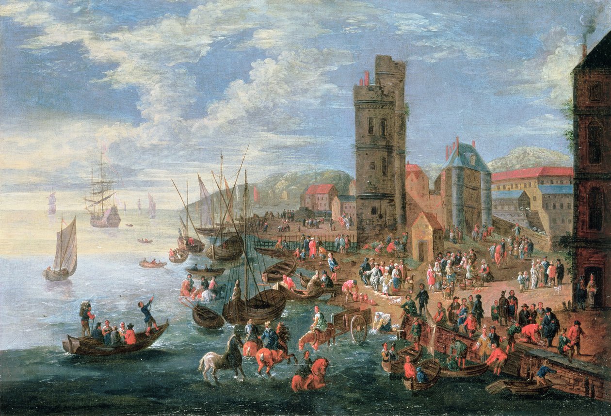 Een havenscène door A.F. and Bouts, P. Boudewyns