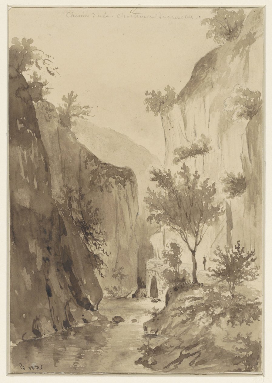 Rivier tussen begroeide rotsen; rechts een weg door A. Regnier