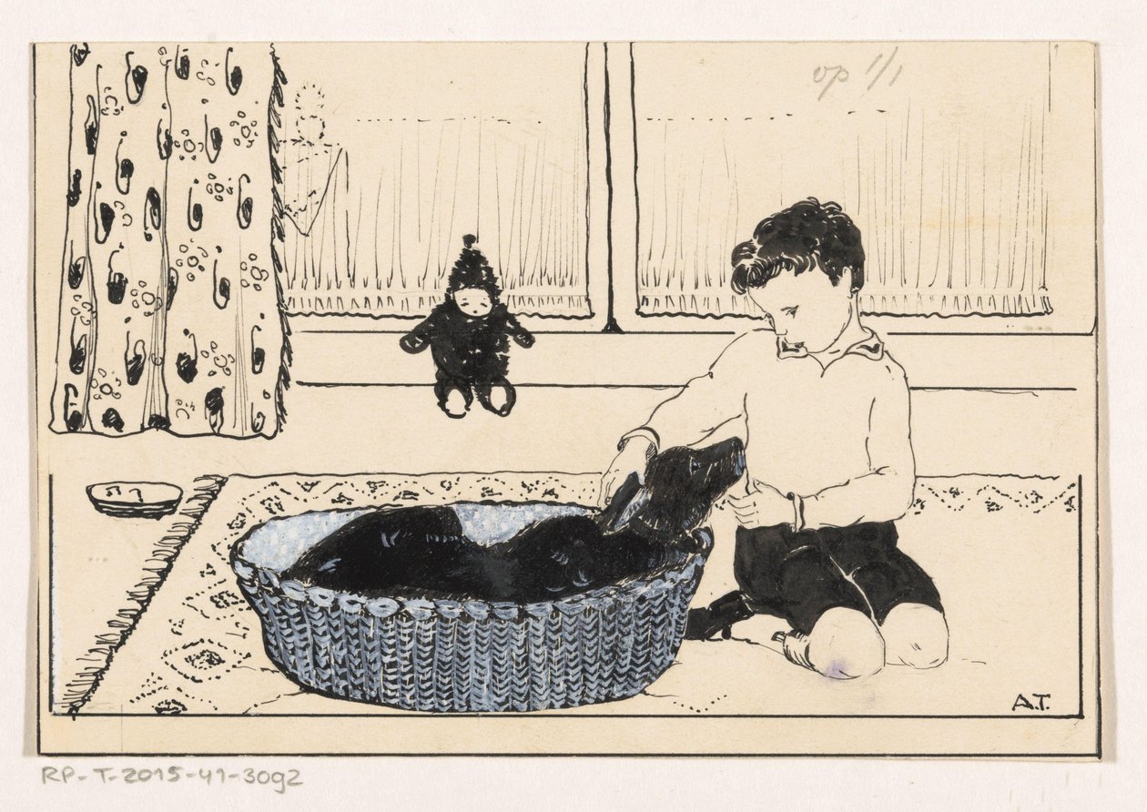 Jongen aait een hond door A. Tinbergen (signed by artist)