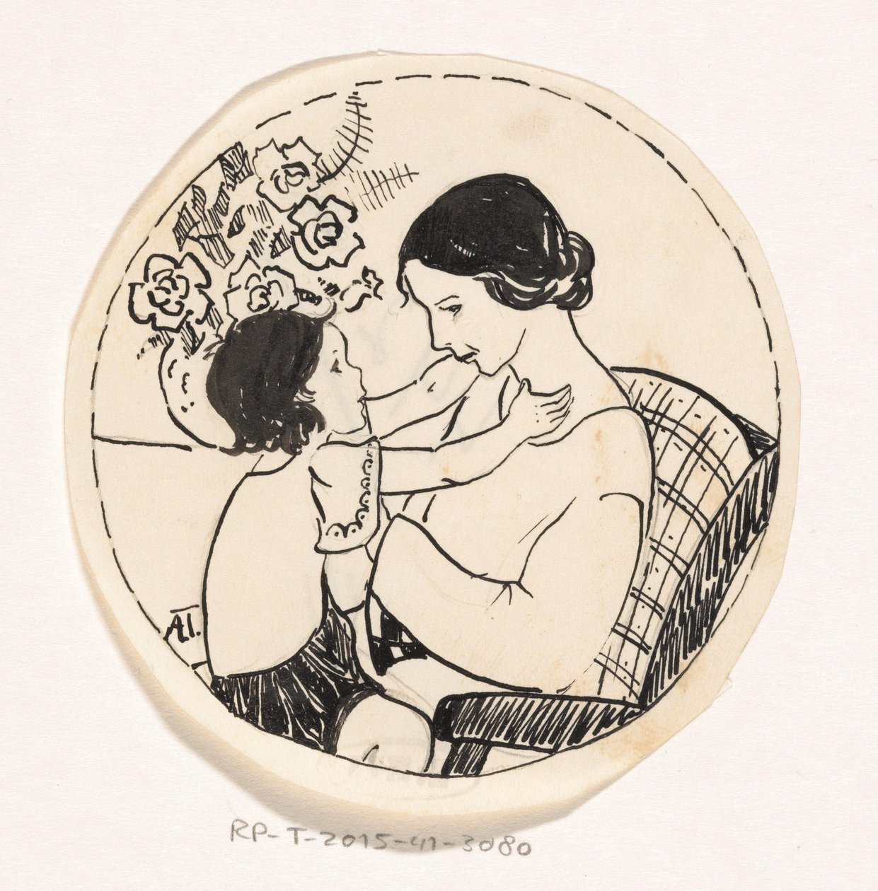 Meisje op moeders schoot door A. Tinbergen (signed by artist)