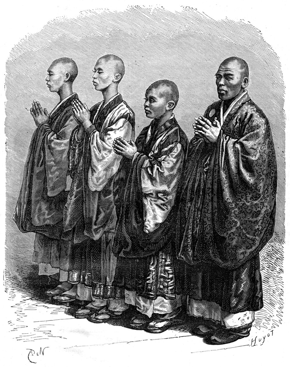 Boeddhisten in gebed, Japan door A. de Neuville