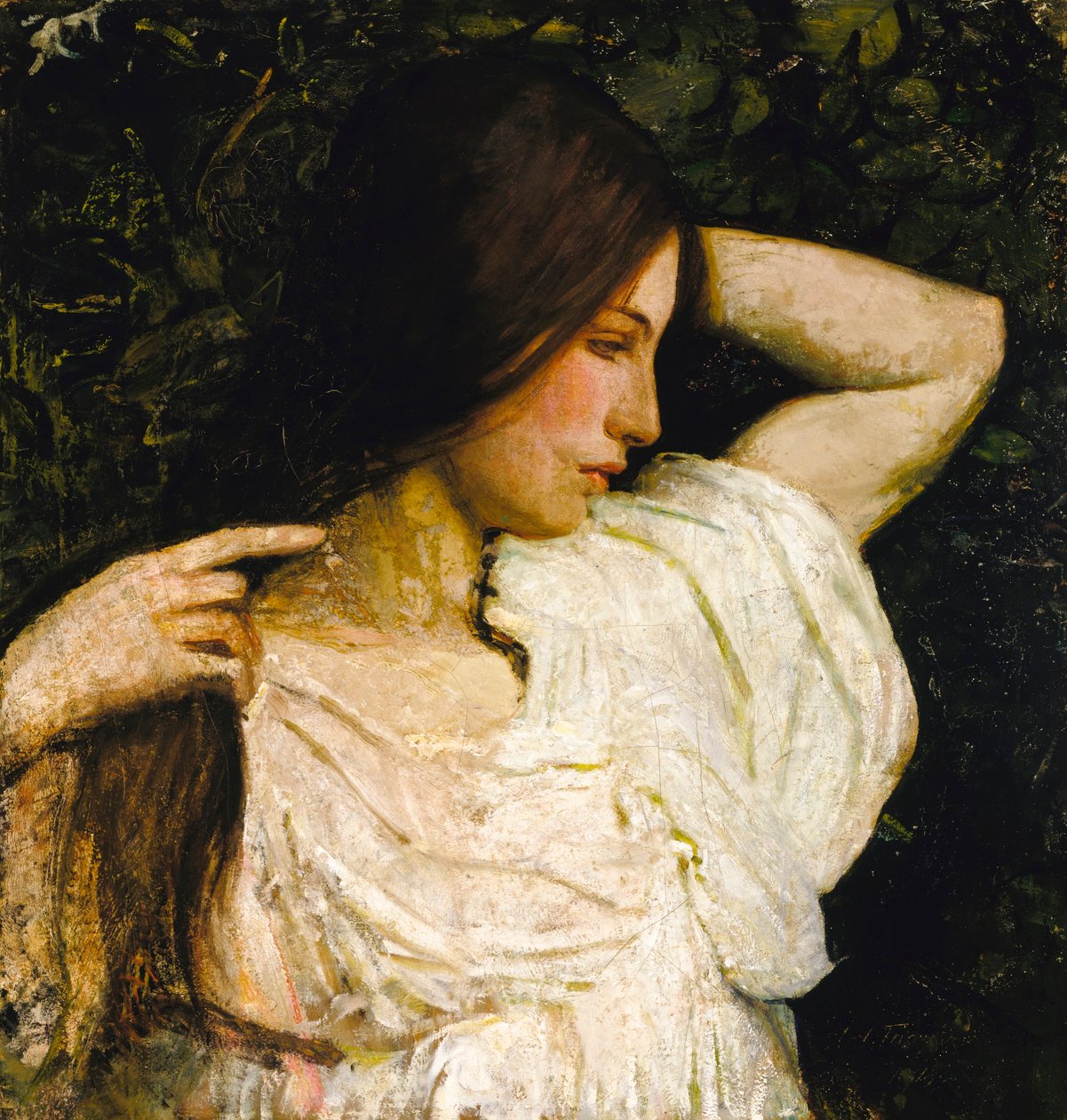 Meisje dat haar haar schikt door Abbott Handerson Thayer