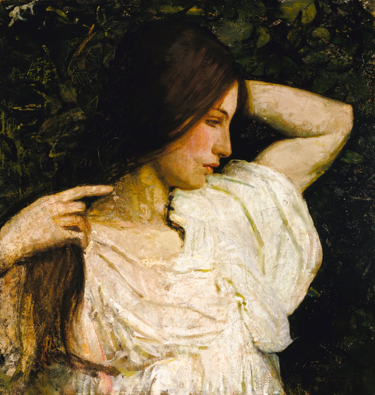 Meisje dat haar haar arrangeert door Abbott Handerson Thayer