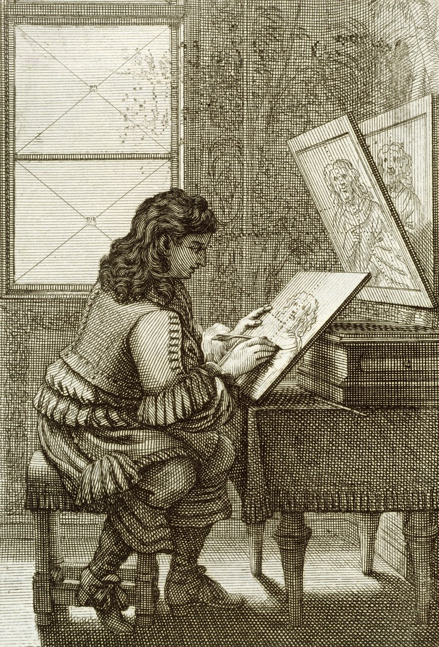 Een kunstenaar die een gravureplaat kopieert, gedrukt in 1737 door Abraham Bosse