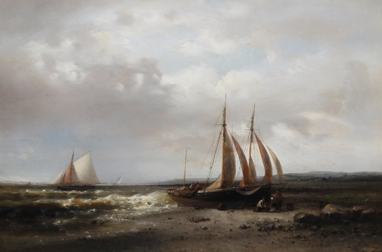 Kustscène met vissers die hun boot verzorgen op de kust door Abraham Hulk