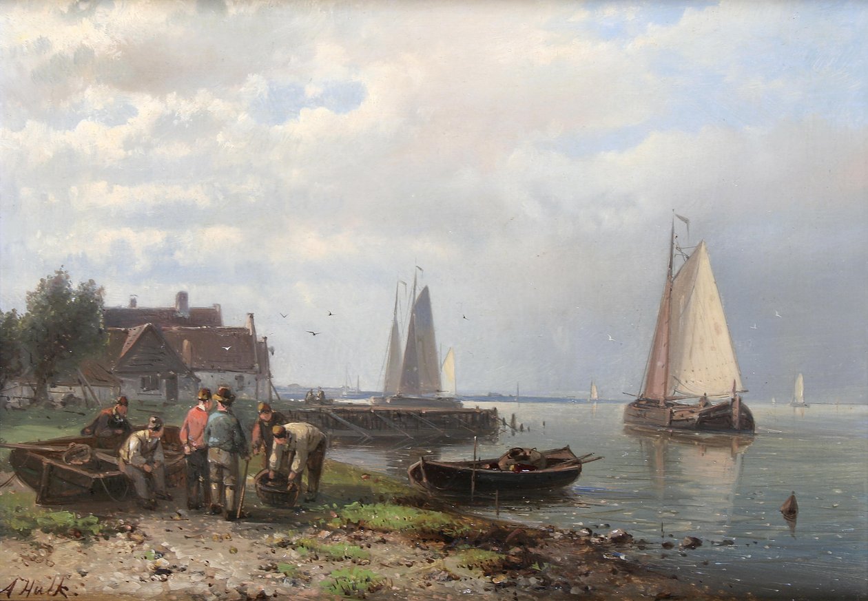 Kustscène met vissersboten en vissers op de kust door Abraham Hulk