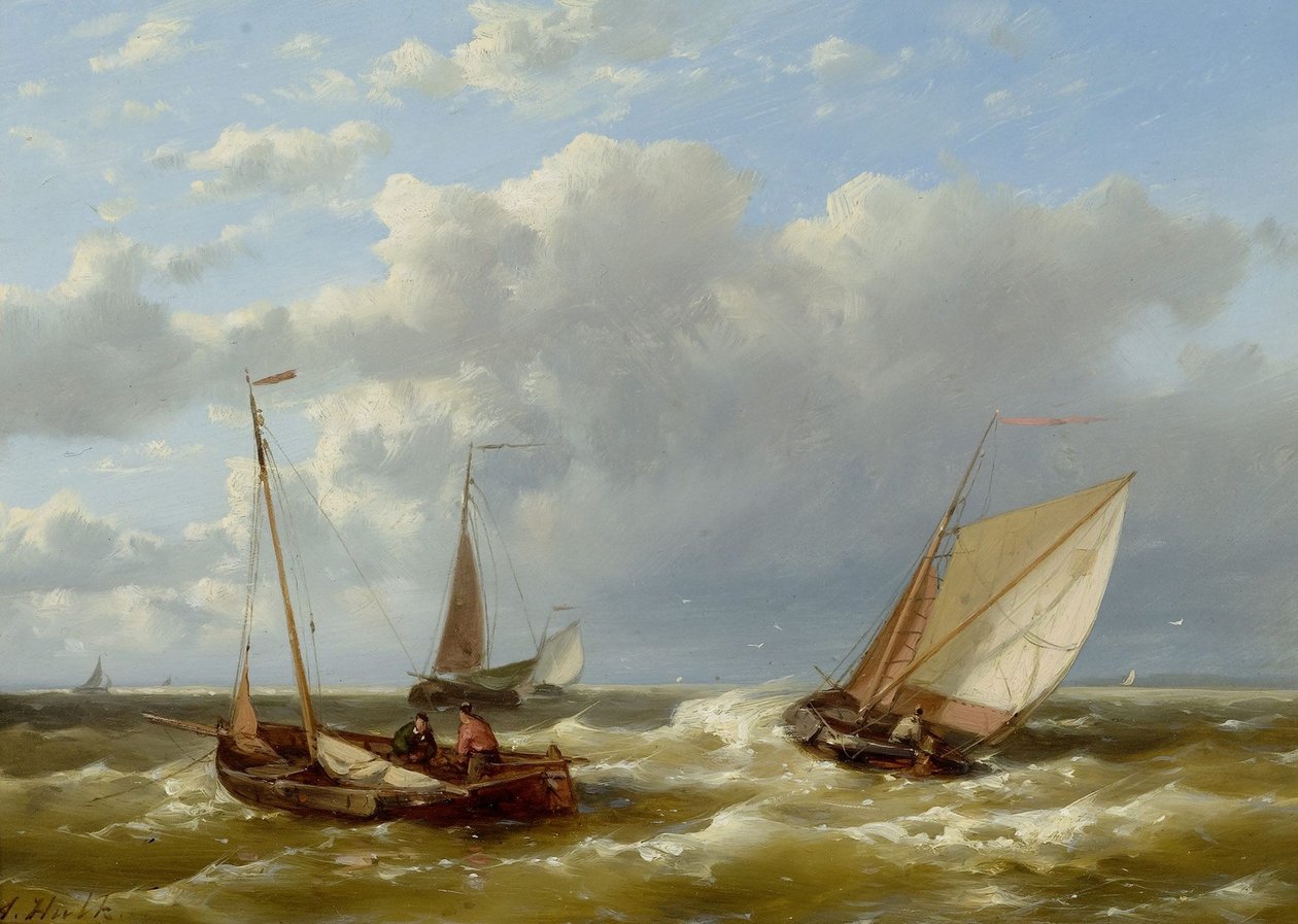 Strandgezicht met vissers door Abraham Hulk