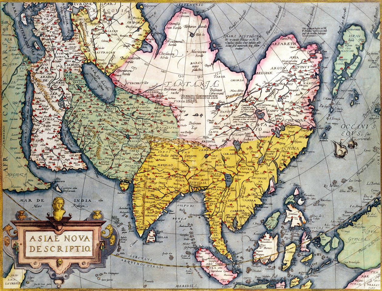 Azië: Kaart van het continent inclusief Japan en de Oost-Indische eilanden met een deel van Nieuw-Guinea, ca.1580 door Abraham Ortelius