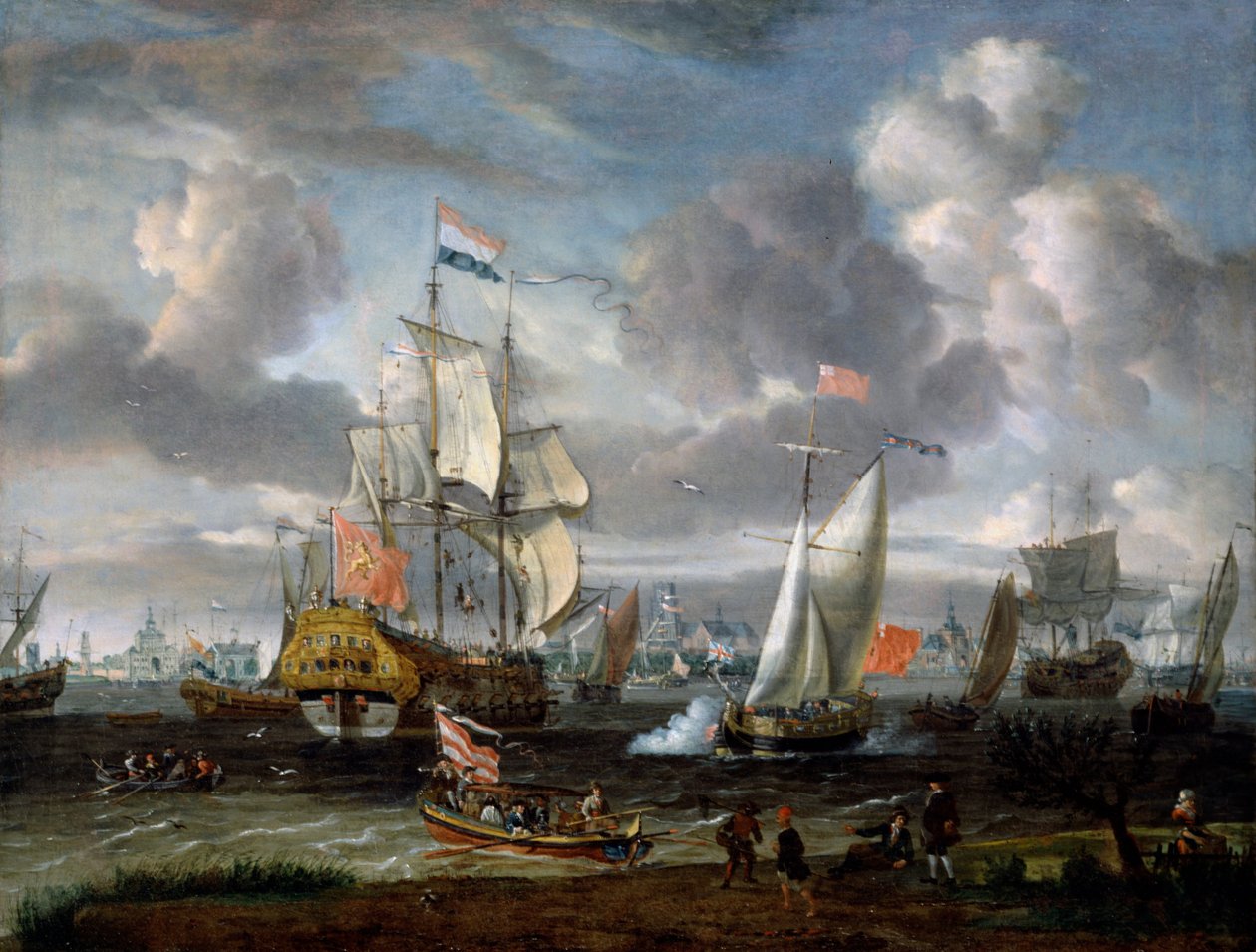 Een Engelse jacht groet een Nederlandse oorlogsschip in de haven van Rotterdam door Abraham Storck