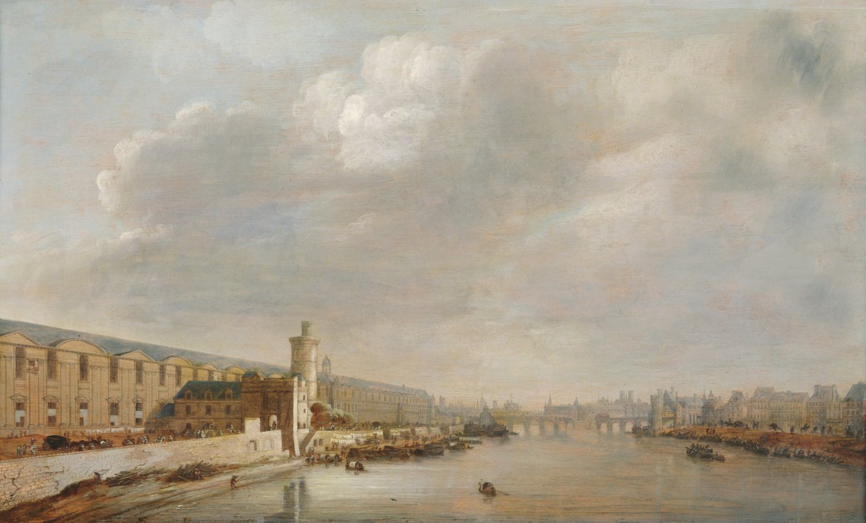 De Louvre Grande Galerie, uitzicht op Parijs vanaf de Barbierbrug (stroomopwaarts), c.1640 door Abraham de Verwer